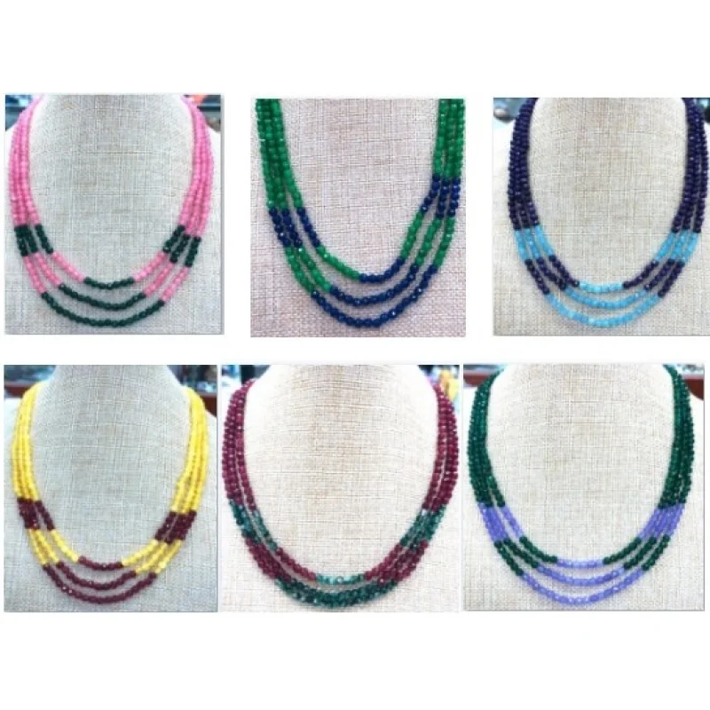 

3 Row Natural 4mm Faceted Green Jade Round Gemstone Beads Necklace 17-19" AAA