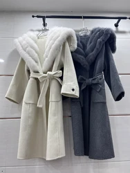 2024 cappotto lungo in lana di Cashmere da donna cappotto in vera pelliccia di volpe giacca invernale collo in pelliccia di volpe naturale capispalla da donna Streetwear