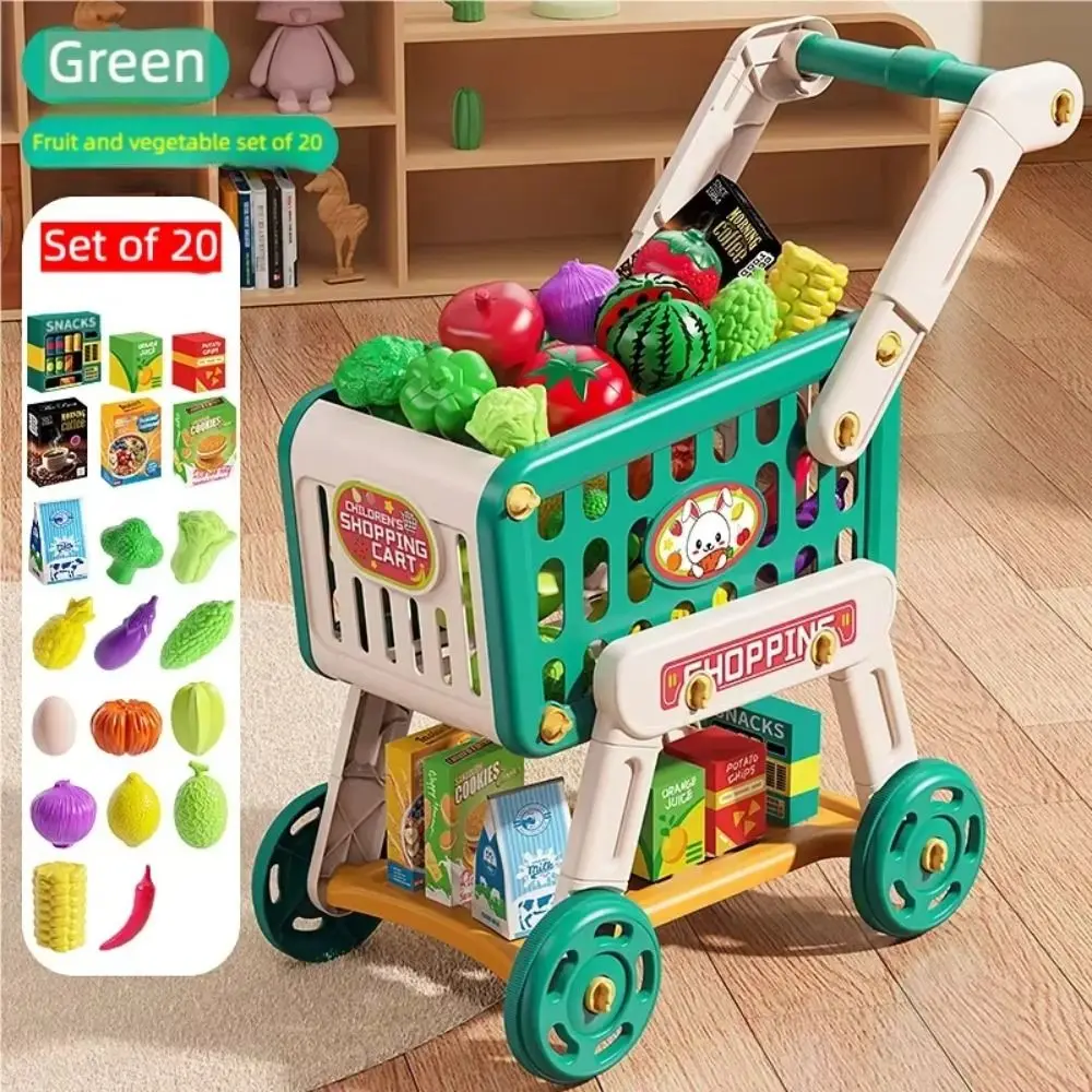 Veelkleurige winkelwagenset Simulatie 20 stks / set Doe alsof winkelen Speelset Opslagcontainer 1 Trolley Rollenspel