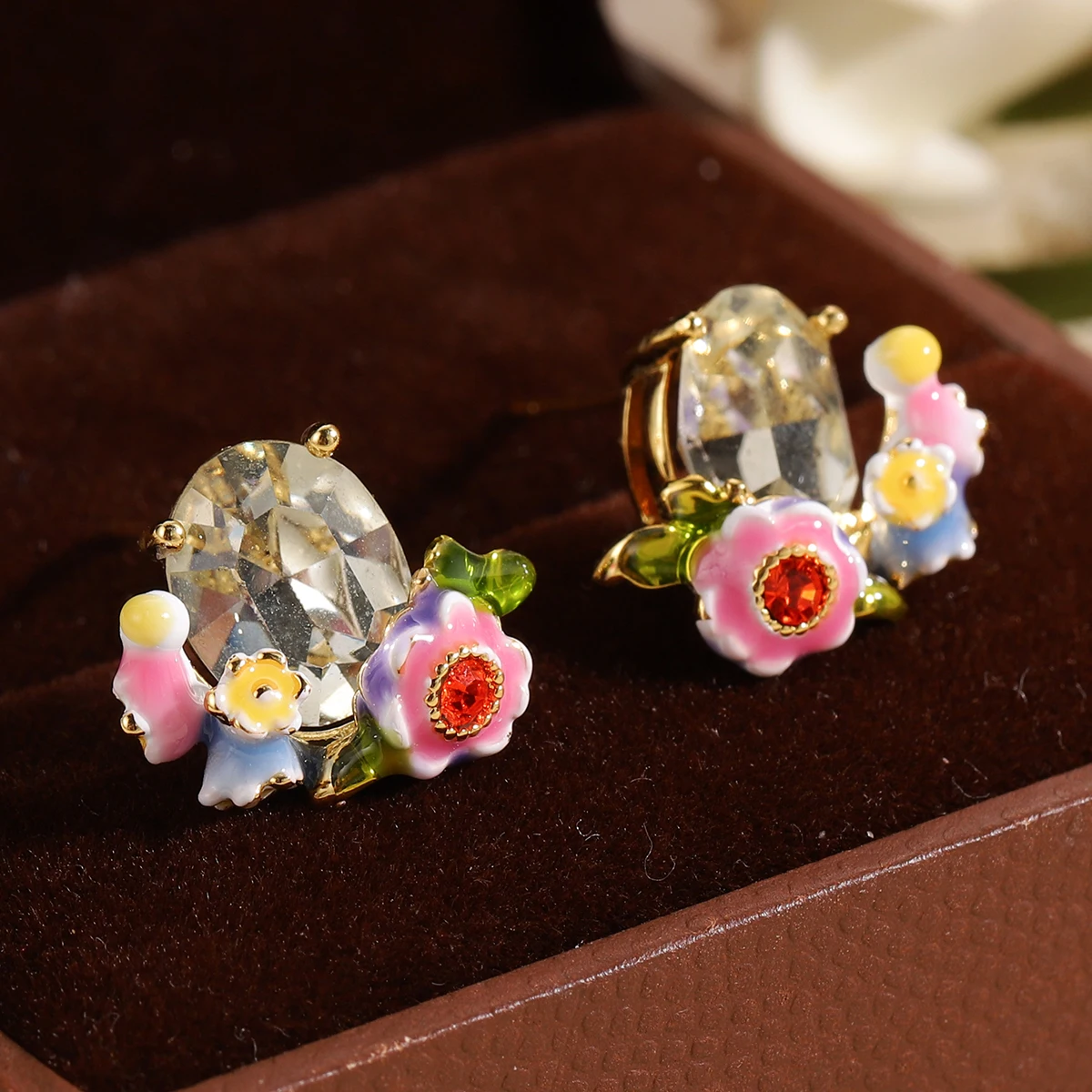 French Vintage Oval Crystal Stud Earrings for Women Sweet Enamel Flower Colorful Floral Earrings Cute Party Jewelry Gift
