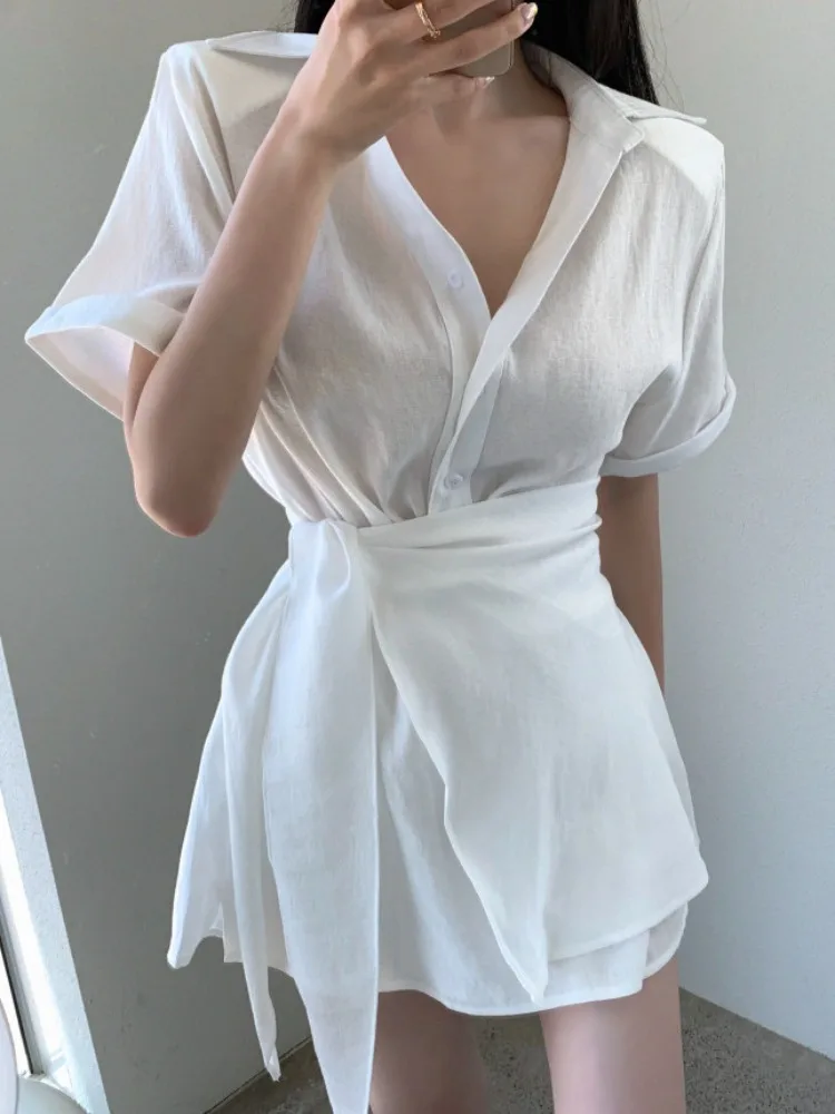 Women's Summer New High Waist Wide Leg Short Pants Set Belted Shirt Design Sense Asymmetrical Tie Waist Korean Style