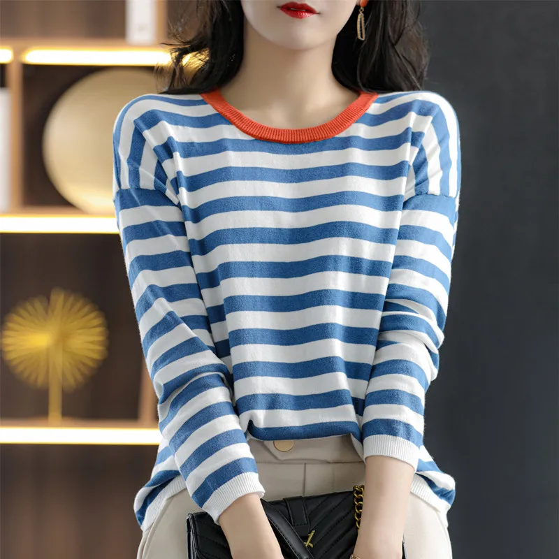 Striped Round Neck Patchwork Women\'s Knitted Pullover Long Sleeved Versatile Spring And Autumn New Item 100% Pure Cotton Top SMY