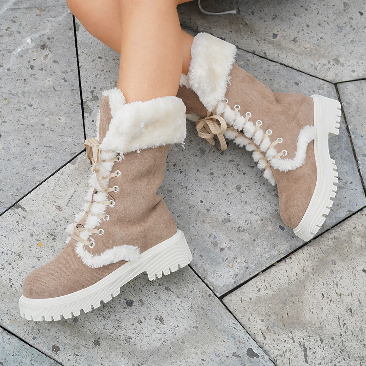 Thicken Plush Snow Boots Women Winter Faux Fur Platform Ankle Boots for Woman Mid-calf Lace-up Thickened Cotton Shoes Woman