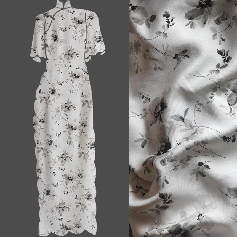 

145 см в ширину 200 г/м 100% вискоза ткань для летнего платья блузка с серым цветочным принтом, мягкая приятная для кожи и гладкая ткань R447