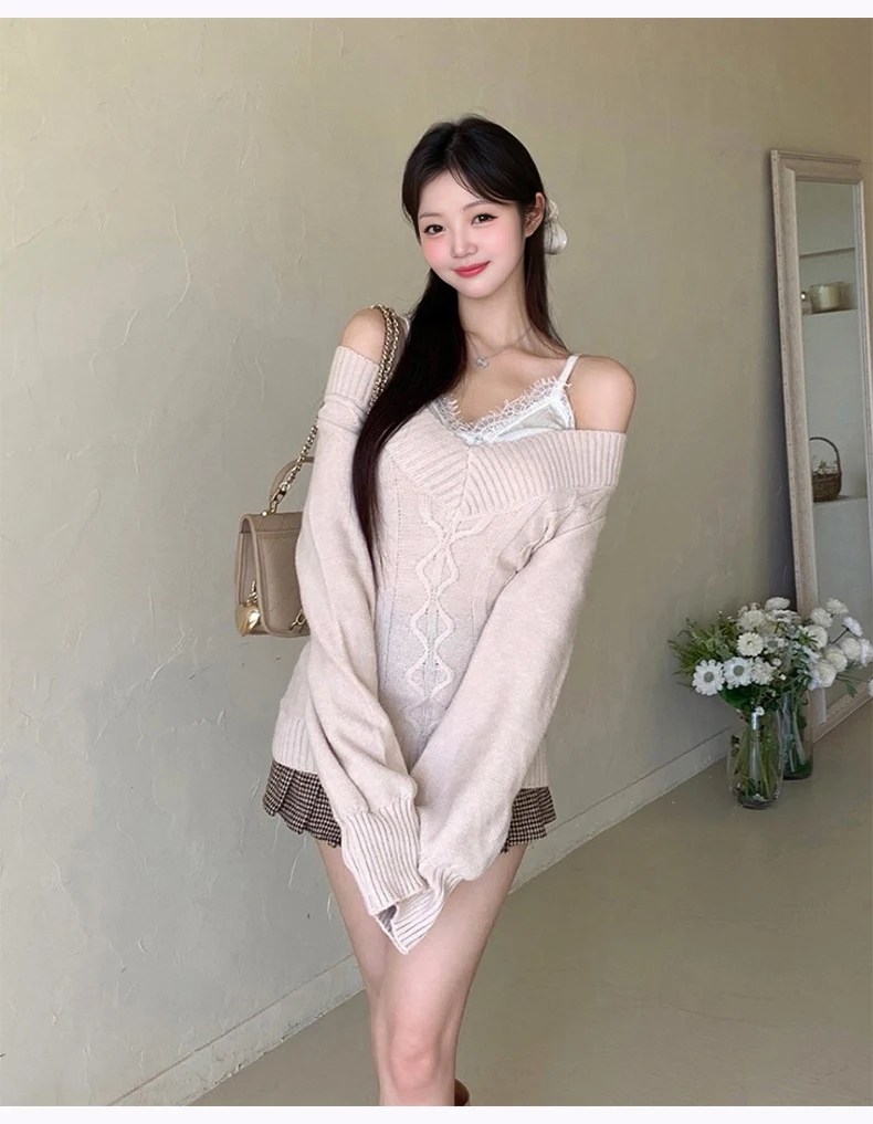 FIGOHR Korean V-neck slim fit long sleeved knitted sweater lantern sleeve one shoulder knitted sweater Spring Autumn 2025