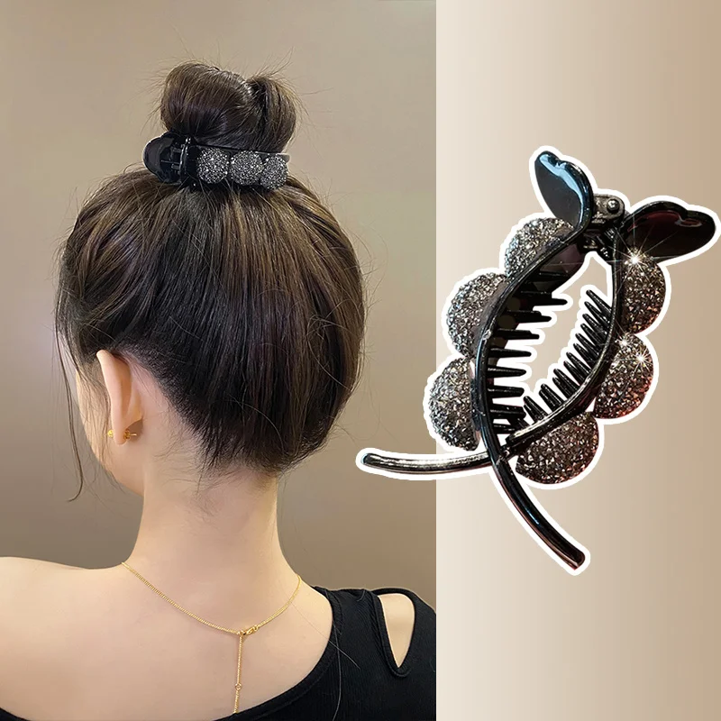 Korea Big 3 Teeth Claw Clips Crystal Plastic Crabs For Hair Bun Hair Style Hairgrips  Rhinestone Paved Ball Clamps Accessories