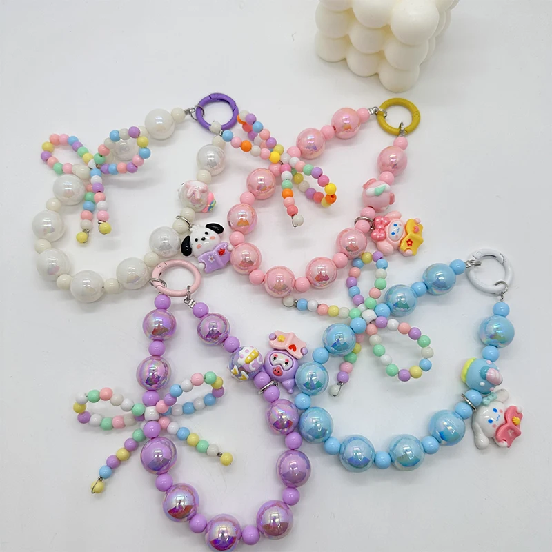 Cartoon Sanrio Anime Cinnamoroll Kuromi Melody Beaded Mobile Phone Chain KeyChain Bag Pendant Bag Shell Accessories Toy