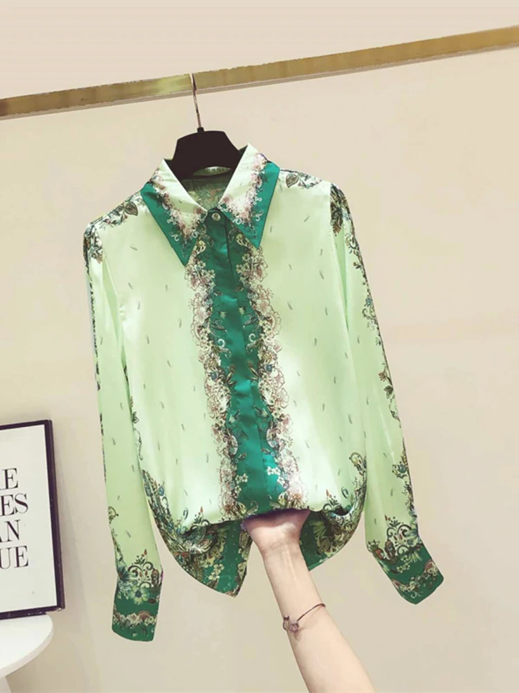 

Retro Collar Long Sleeved Shirt for Women in Spring Autumn 2025 New Fashionable Commuting Printed Straight BlouseTop H10