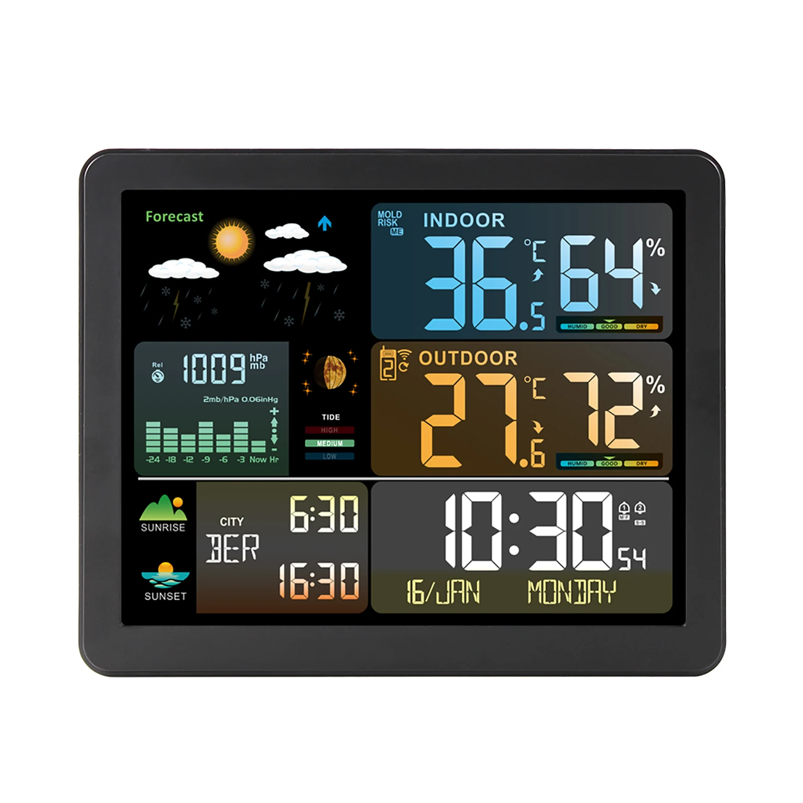 FJ3566M Smart Weather Station with Clock Indoor and Outdoor Temperature Humidity Meter Color Screen Weather Clock with 1 Sensor