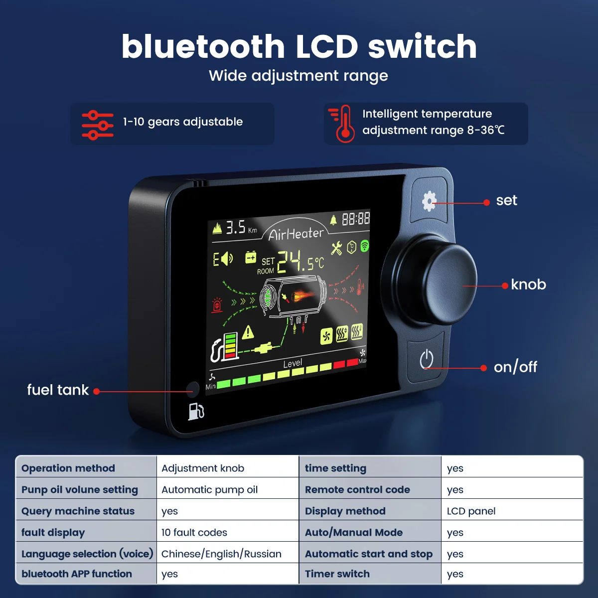 Hcalory-Acessórios do calefator do estacionamento do controle remoto, Bluetooth, interruptor do LCD, modelos universais da tensão, 12V, 24V