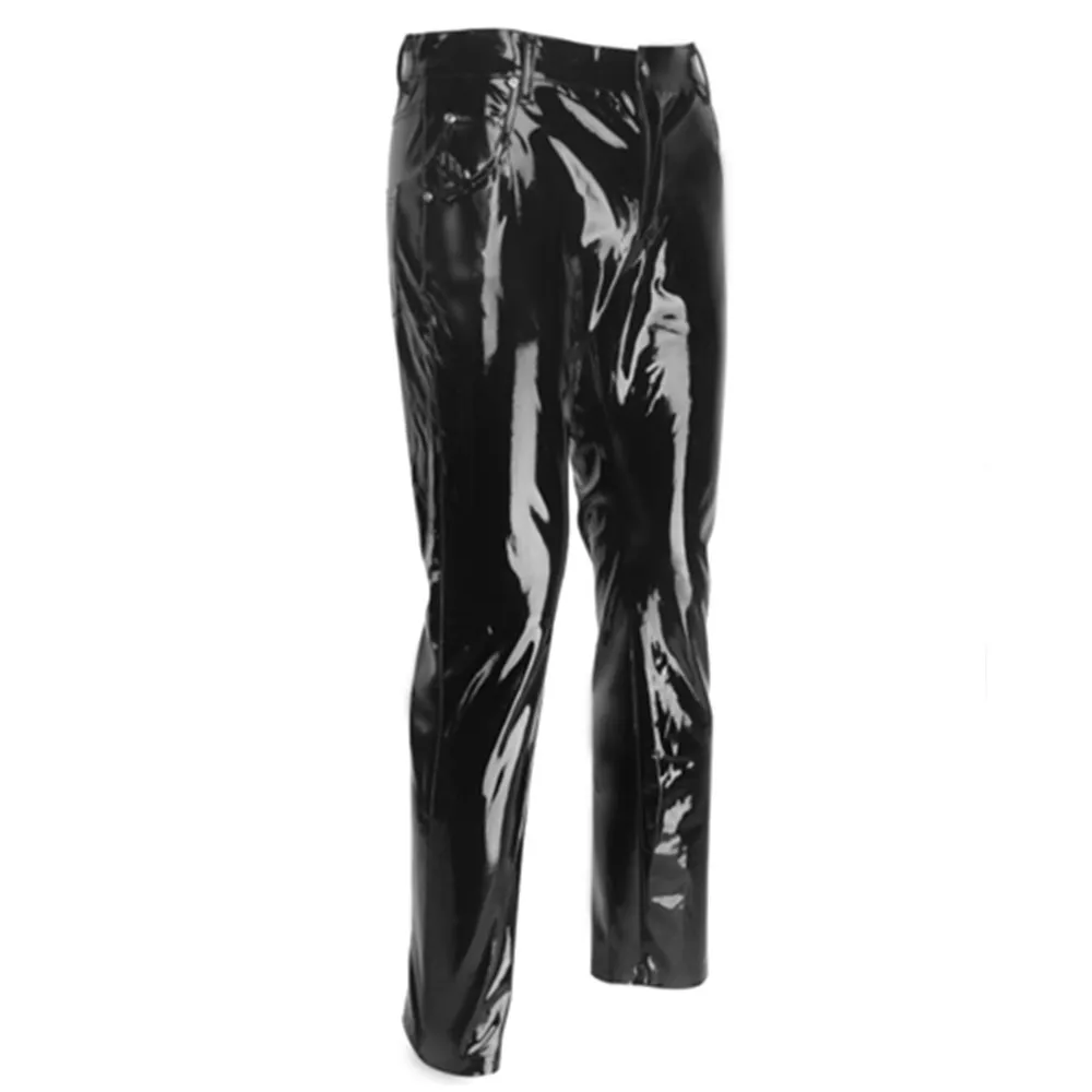 Pantalones de látex de PVC brillante para hombre, pantalones negros de motocicleta para hombre, pantalones de calle impermeables de cuero sintético a la moda para motociclista