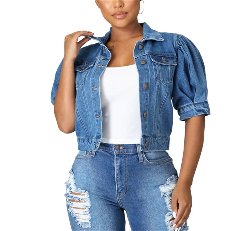 

Women Sexy Ripped Denim Crop Jackets Tops New Ladies New Vintage Casual Short Jean Jacket Puff Sleeve Female Coat Streetwear