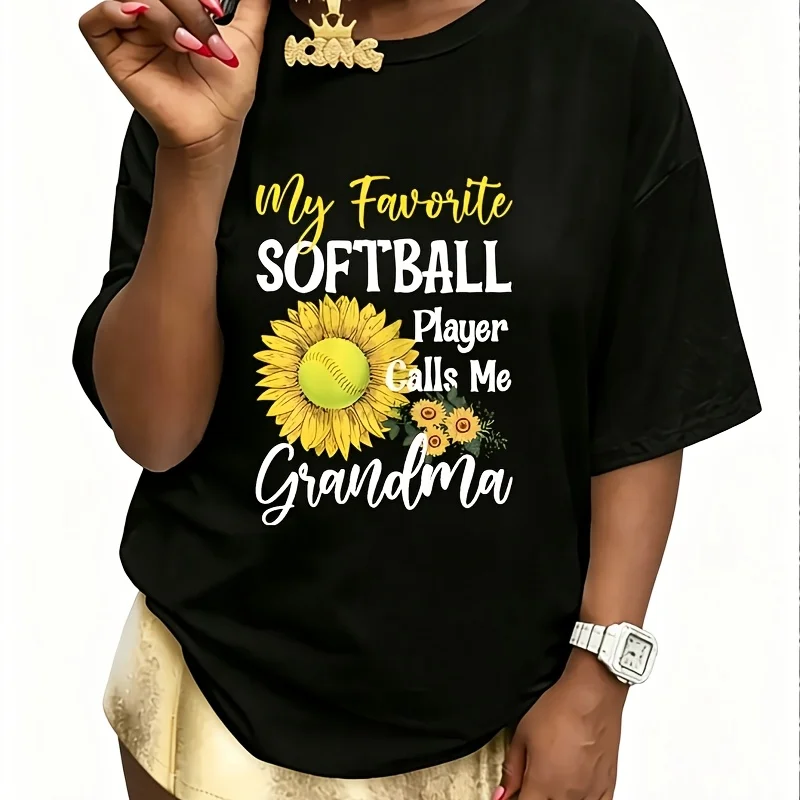 My Favorite Softball Player Calls Me Grandma Cute Sunflower Women's 100% Cotton T-Shirt Fun Print Short Sleeve Top Casual Round Neck Tee S-5Xl