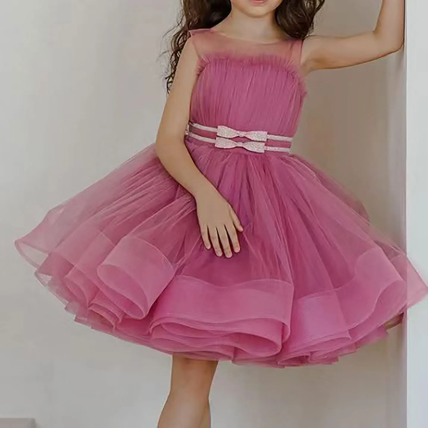

Dreamy Vow Charming Fuchsia O-Neck Sleeveless Tulle Girl Dress with Bow Belt Wedding Birthday Holiday Party Dance Dress D121