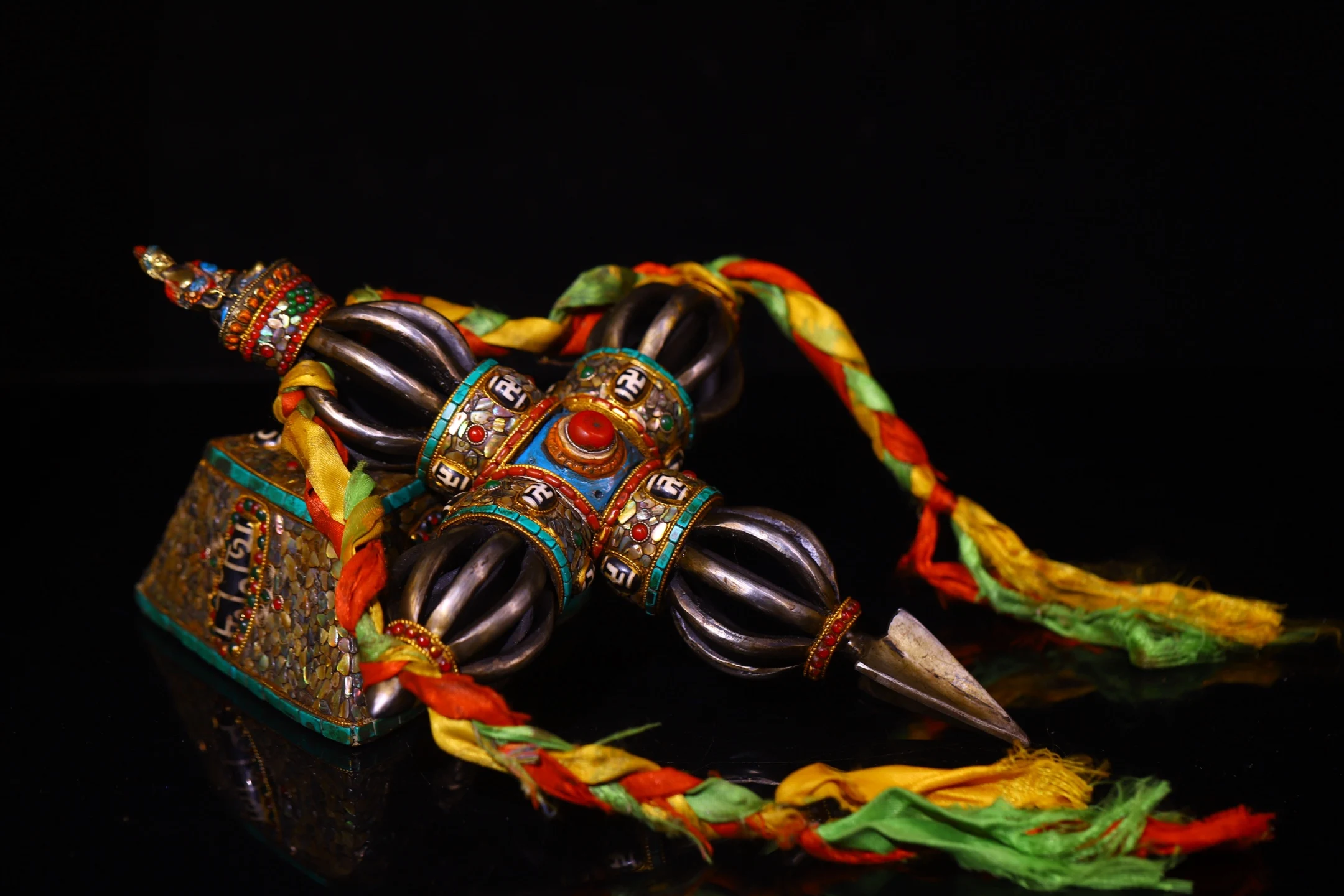 Old Tiantie Mosaic Gem gZi Beads Turquoise Medicine Buddha Nine legged Cross Vajra GARUDA Base Worship Hall Town house