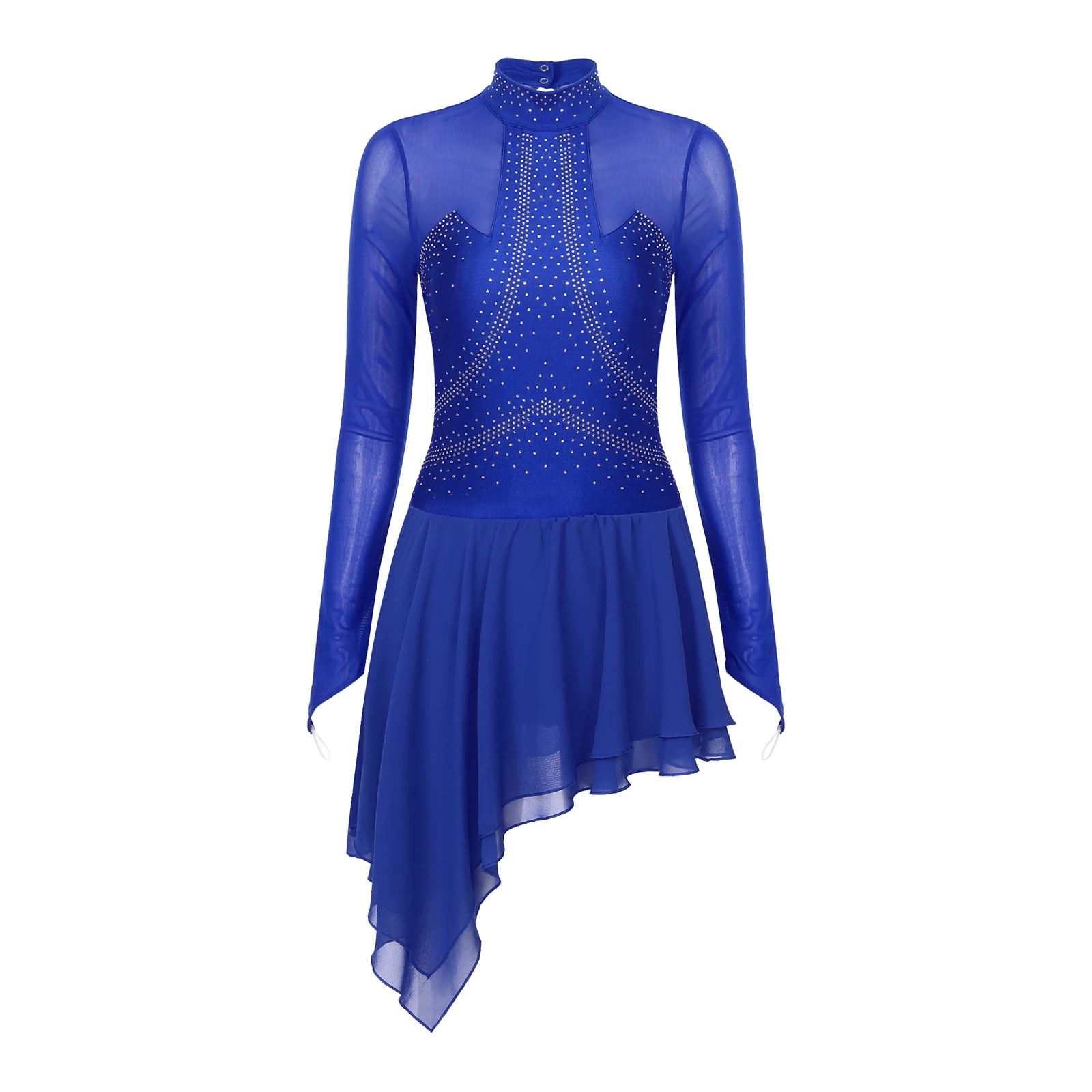 Womens Figure Skating Dress Sparkly Rhinestone Sheer Mesh Long Sleeve Ballet Dance Gymnastics Leotard Dresses Adults Dancewear