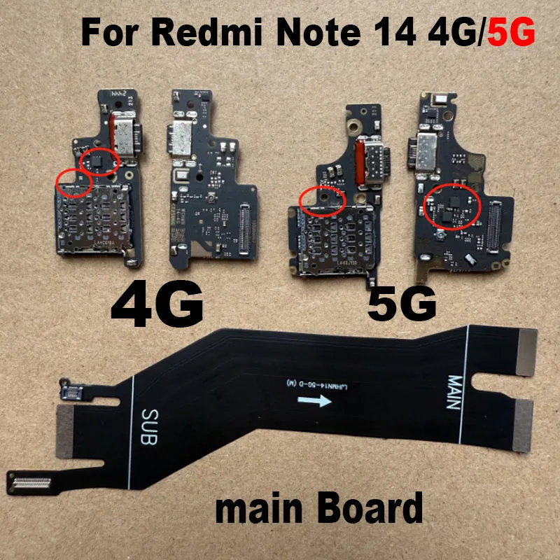 

For Xiaomi Redmi Note 14 4G 5G USB Charging Port Mic Microphone Dock Connector Board + Main Motherboard Flex Cable Global