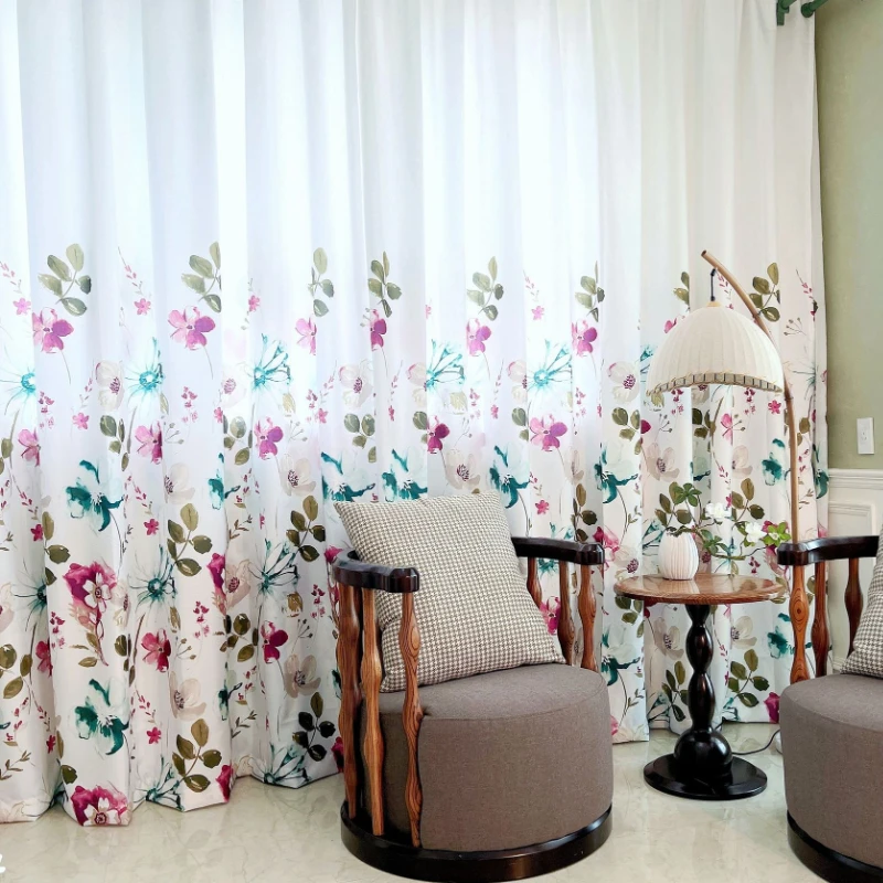 Modern Printed Curtain Fabric Chiffon Door Screen Flower Leaf Gouache Painting Hall Curtains for Living Room Tulle for Windows