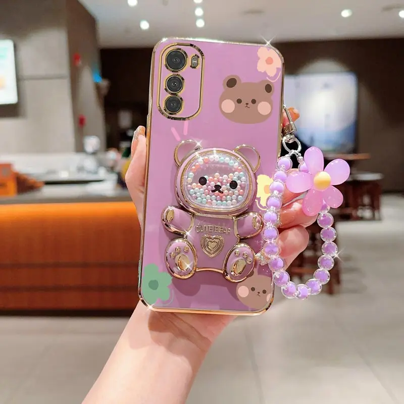 E 6S E 7 زهرة حزام الحبل لطيف الدب حامل هاتف الحال بالنسبة لموتورولا موتو E6S E7 زائد Pwer 2021 E13 E20 E22 E32 حامل غطاء