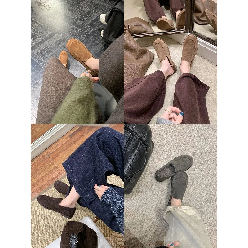نسخة الصوف جولة رئيس كسول شعر أحذية المرأة الصوف المال القديم الرياح المتسكعون الصوف الدافئة القطن الشقق الانزلاق على