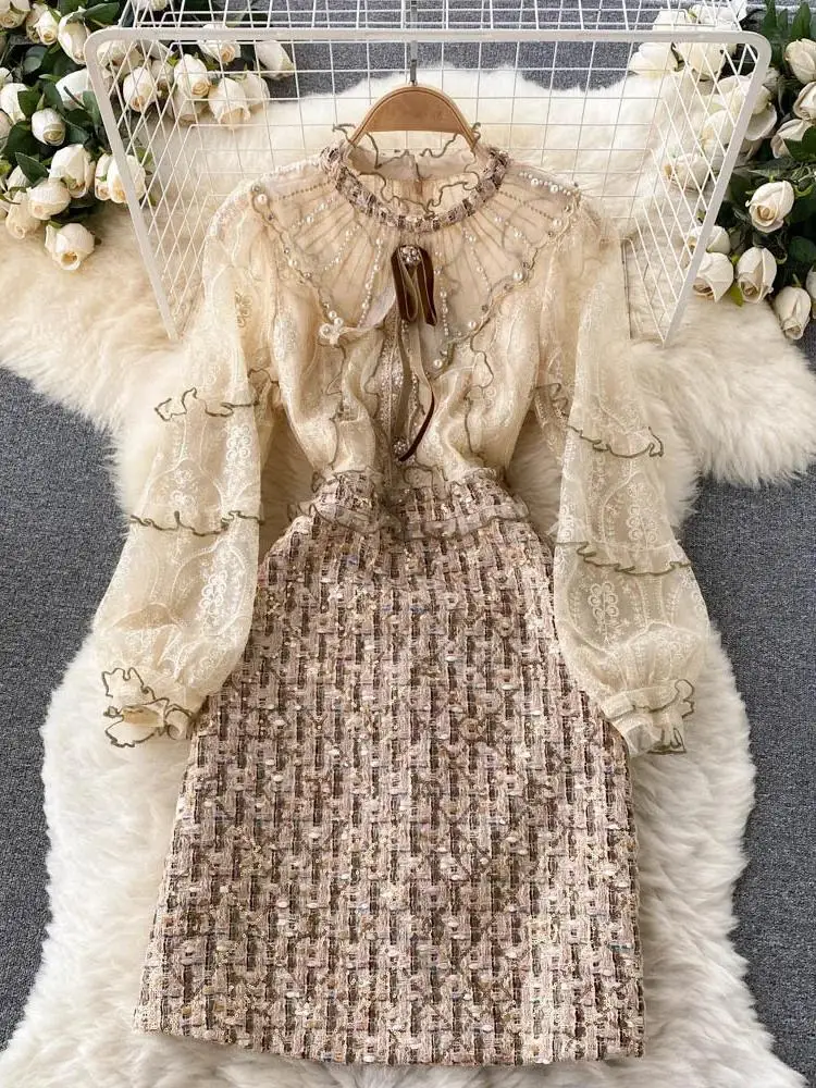 

Autumn Fashion Runway Mesh Embroidery Patchwork Sequins Tweed Dress Women's Ruffles Luxious Beading Party Dresses Vestidos