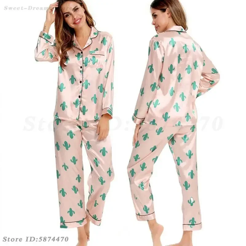 Spring Summer Pajamas Suit Lounge Wear Women's Loose Satin Home Clothes Sleepwear Printed Long Sleeve Shirt&Trouser Nightwear 6