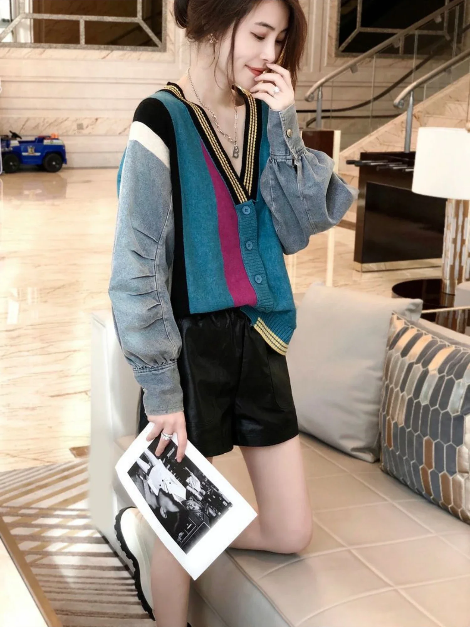 Cowboy Coat Woman Patchwork Mix Color Knitted Denim Jacket for Women Demi-season Low Price Harajuku Korean Reviews Many Clothes