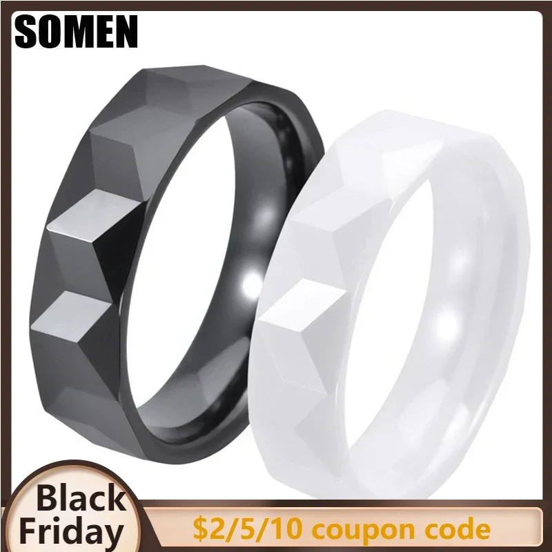 Somen 6mm Black White Ceramic Ring For Men Women Rhombus Cut Engagement Ring Wedding Bands Waterproof Fashion Jewelry Gift