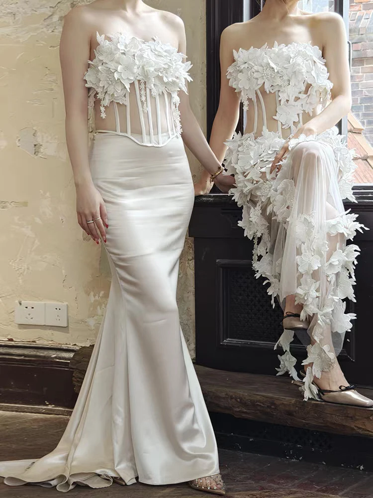

Women Flower 2-Piece Set Sexy Strapless Patchwork Sheer Lace-up Short Top + Slim Long Skirts Suits Evening Party Wedding Sets