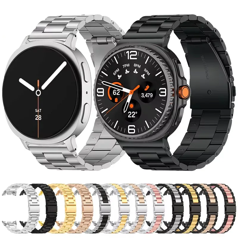 For Samsung Galaxy Watch8/8Classic Stainless Steel Strap Folding Buckle Three Bead Metal Strap