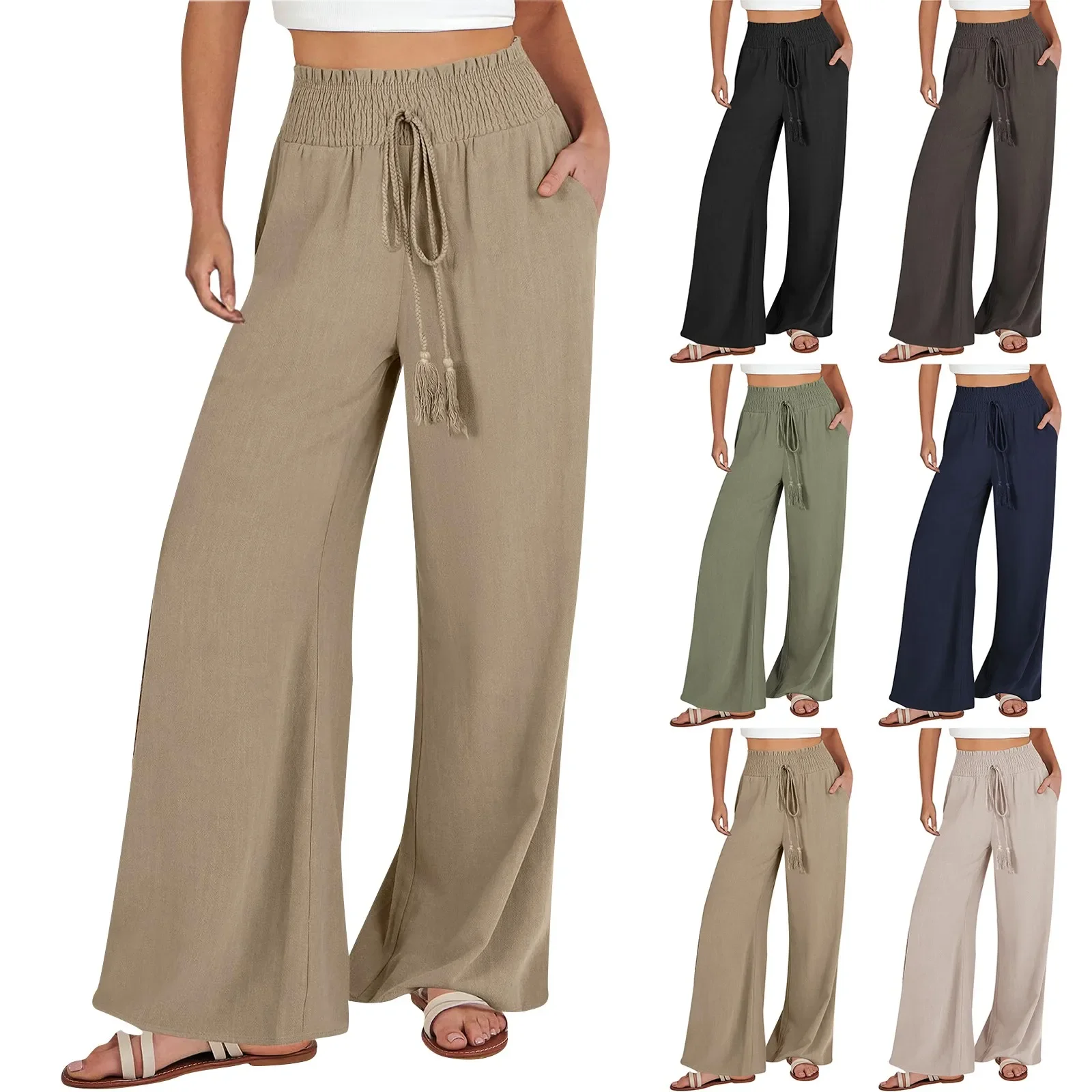 

Women Classic Casual Pants Spring Plus Size Wide Legged Trouser Ladies Breathable Linen Pants Solid Loose Pants For Summer 2024