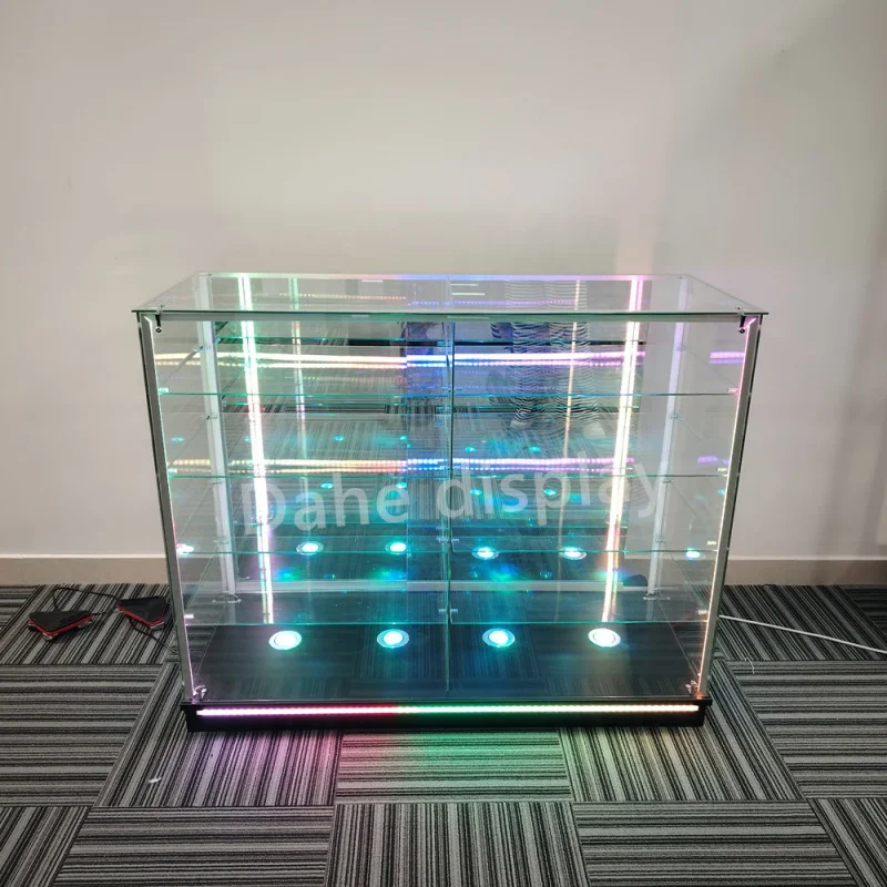 2025customized. colorful 48 inch smoke shop showcase 4 glass shelves glass display with RGB light