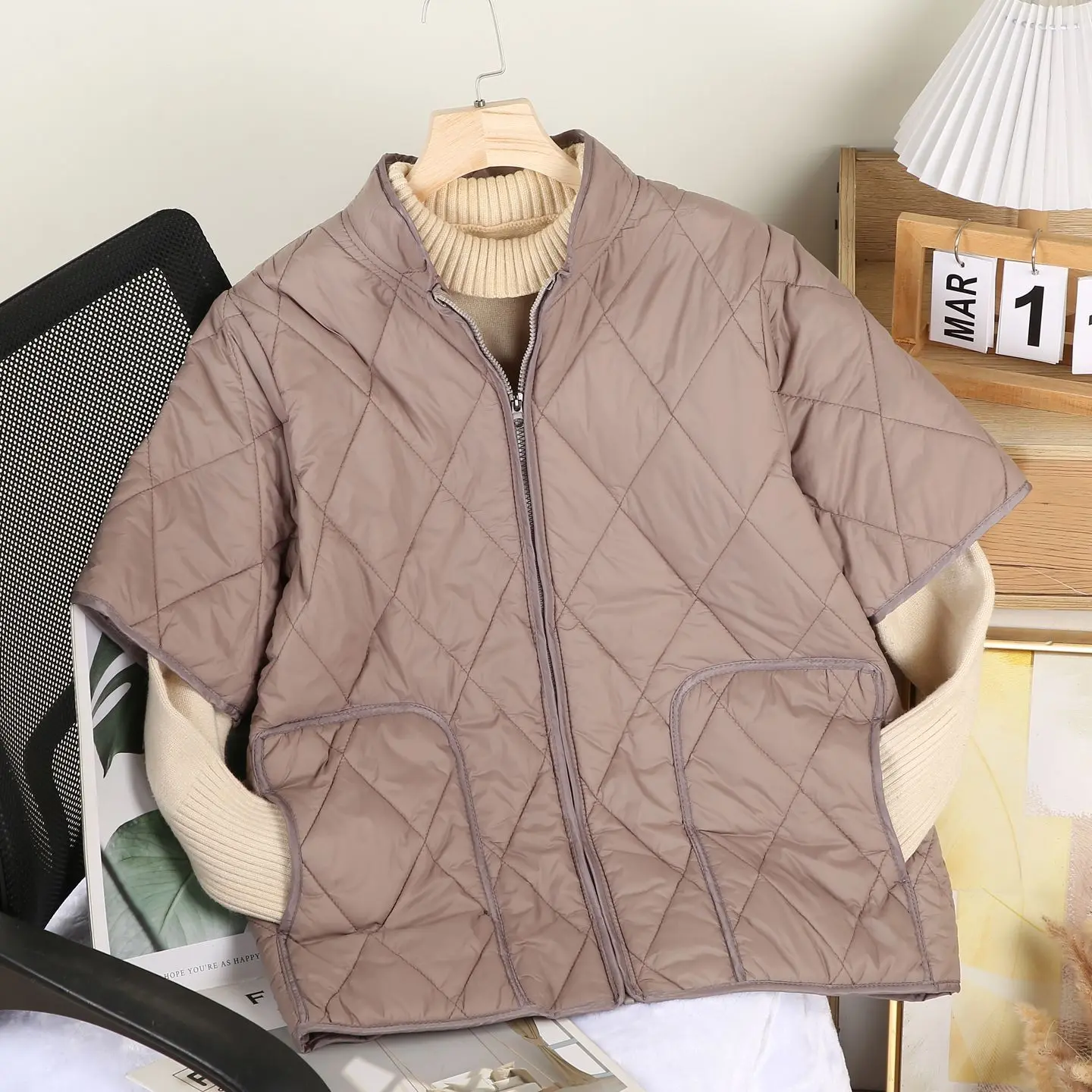 

Men's Tee-Layer Cotton Vest Zipper Warmth f Sve Quilted Jaet Diamond Pattern Home Wear oulder Protector Casual Sle