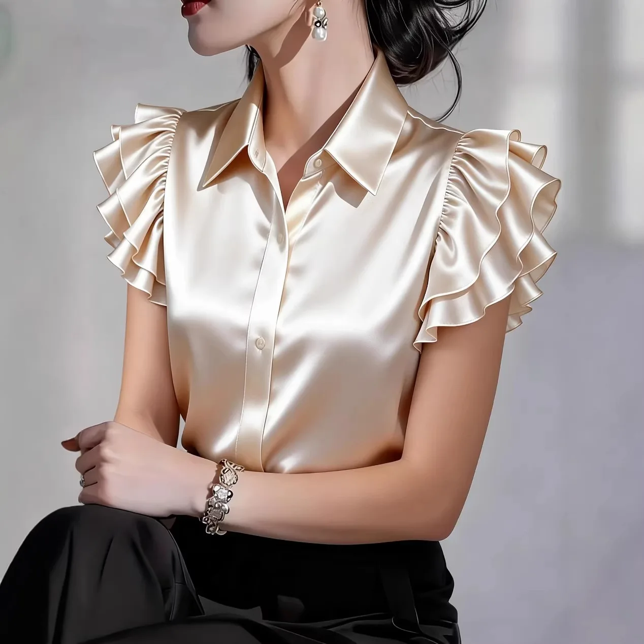 

Office Lady Tops Summer Short Sleeve Lapel Blouses Satin Blouse Women Shirts Simple Solid Casual Loose Shirt Blusas clothing