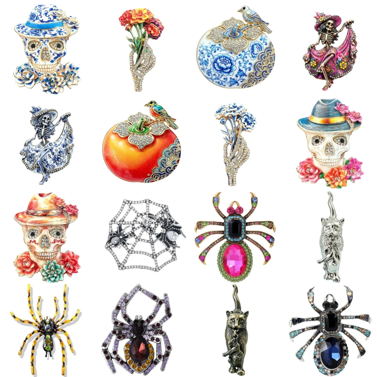 Retro-Gothic Emaille-Brosche Totenkopf Spinne Tier Kristall Strass Anstecknadel Vintage Kostümschmuck Geschenk für Party und Alltag