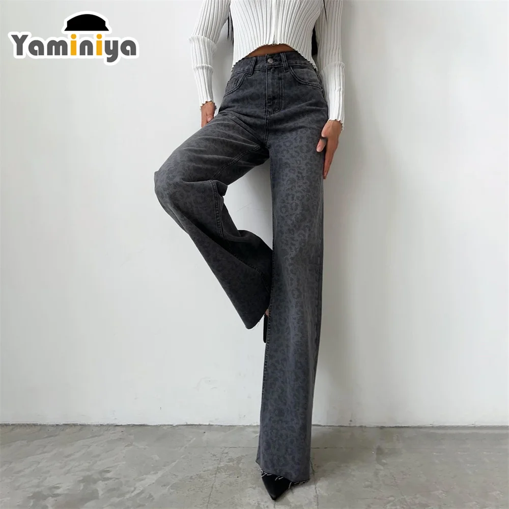 Yaminiya Autumn Women's Jeans High Waist With A Leopard Print Women Flared Pants Distressed Washed Vintage Women's Pants 2024