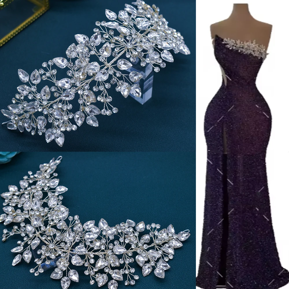 DZ068 Rhinestone Crystal Beaded Iron on Bridal Applique Pair for Wedding Sash Belt , Gown Straps Crystal Wedding Headband