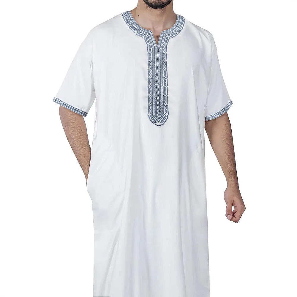 2025 Muslim Robe Short Sleeve Embroidered Robe Moroccan Men's Robe with Side Pockets Abaya Ramadan Dubai Luxury Islam Elegant
