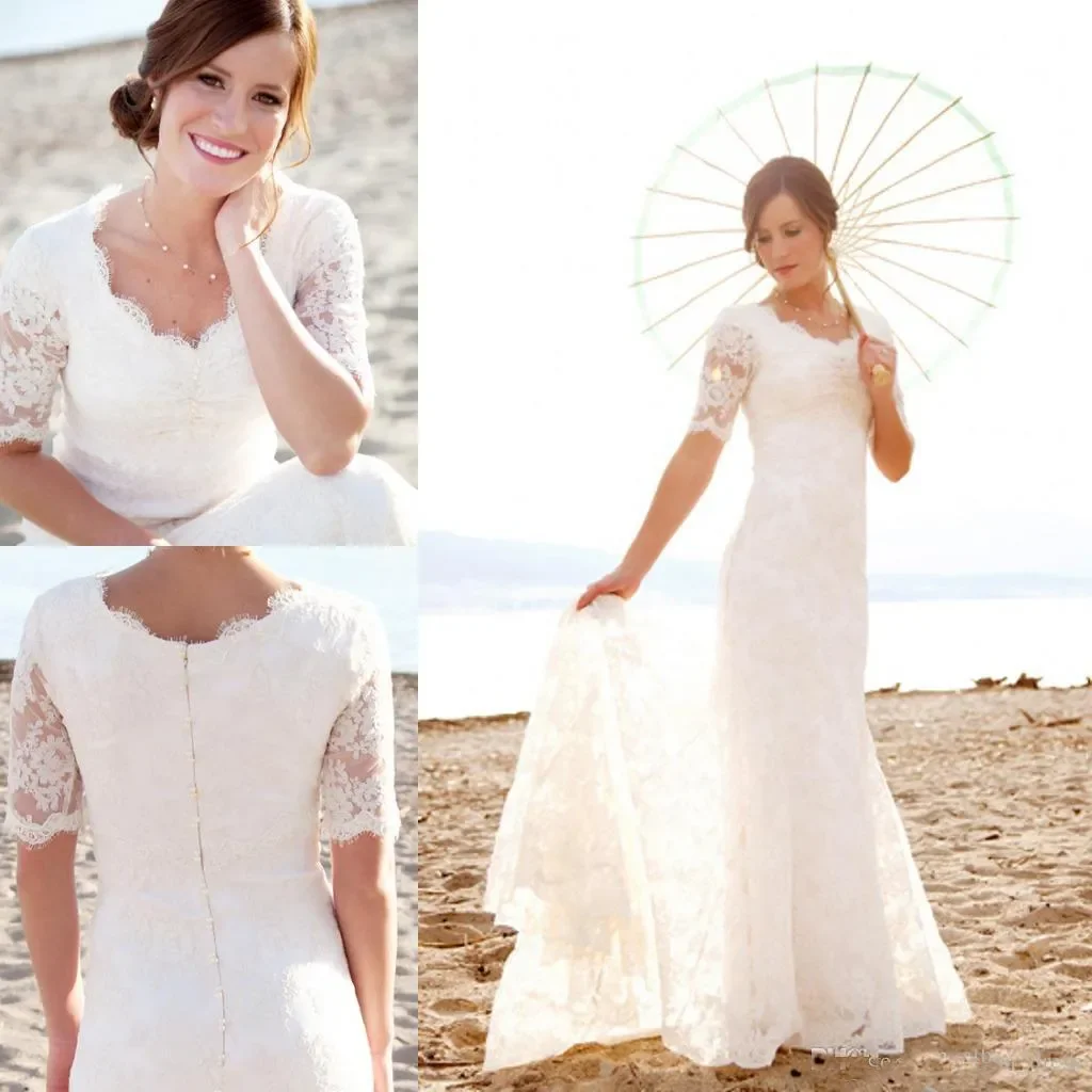 Bescheidene Brautkleider mit kurzen Ärmeln und Perlen für Strand und Garten, elegante Brautkleider aus Spitze, Vestidos