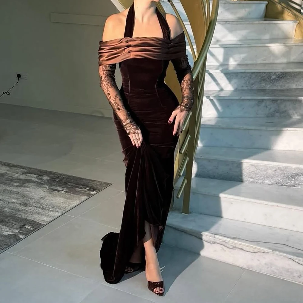 Customized Mermaid Evening Dresses Floor-length Square Collar Full Sleeve Prom Gown Fashion Pleat Lace Backless Party Gown