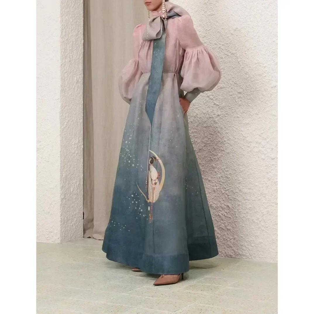 2024 New Hot Silk Linen Autumn High Quality Long Sleeve Pink Dark Green Maxi Dress  for Women