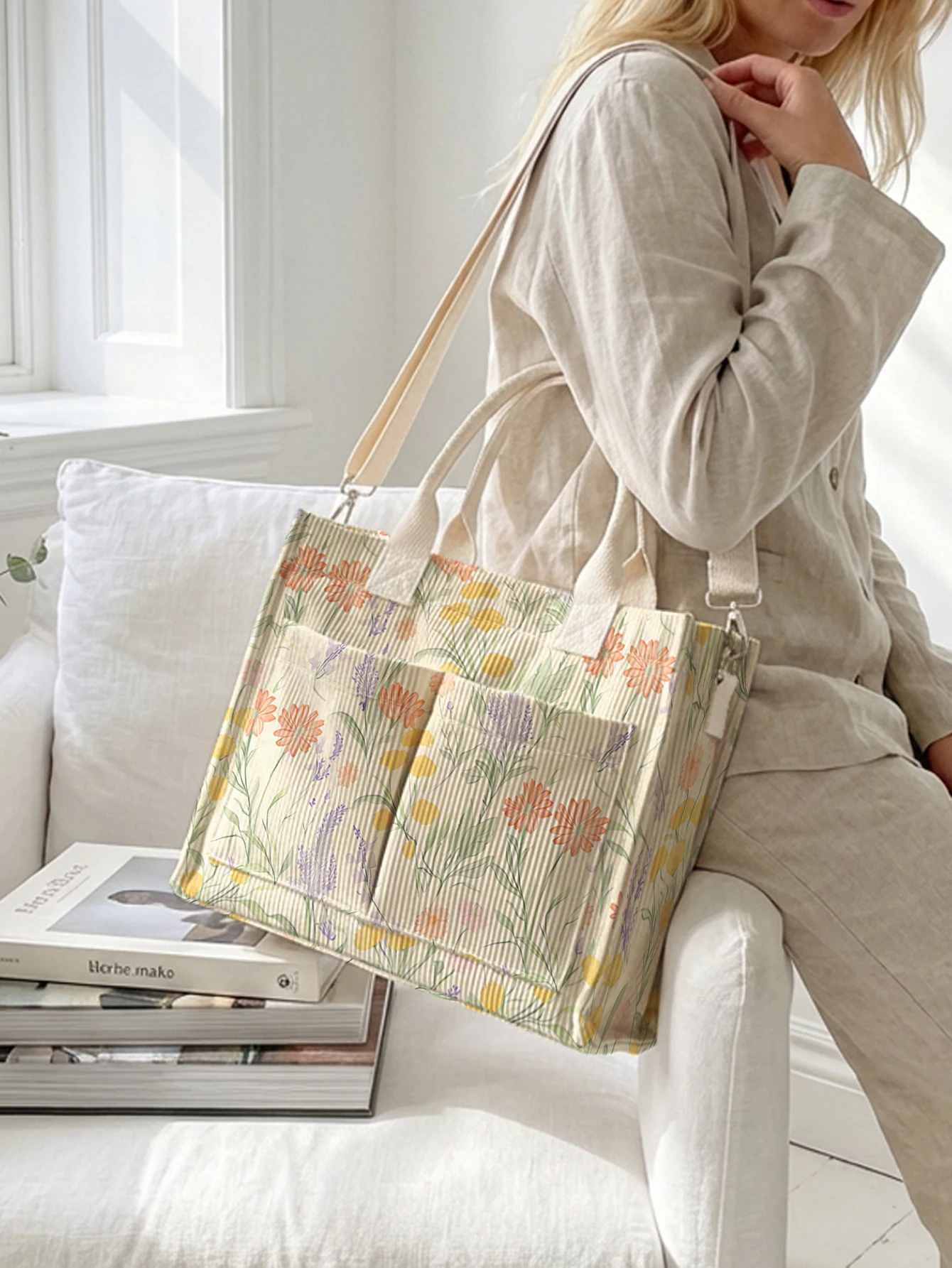 Wildflower Daisy Lavender Print Corduroy Tote Bag Large Capacity Multi Pocket Commuter Shoulder Bag