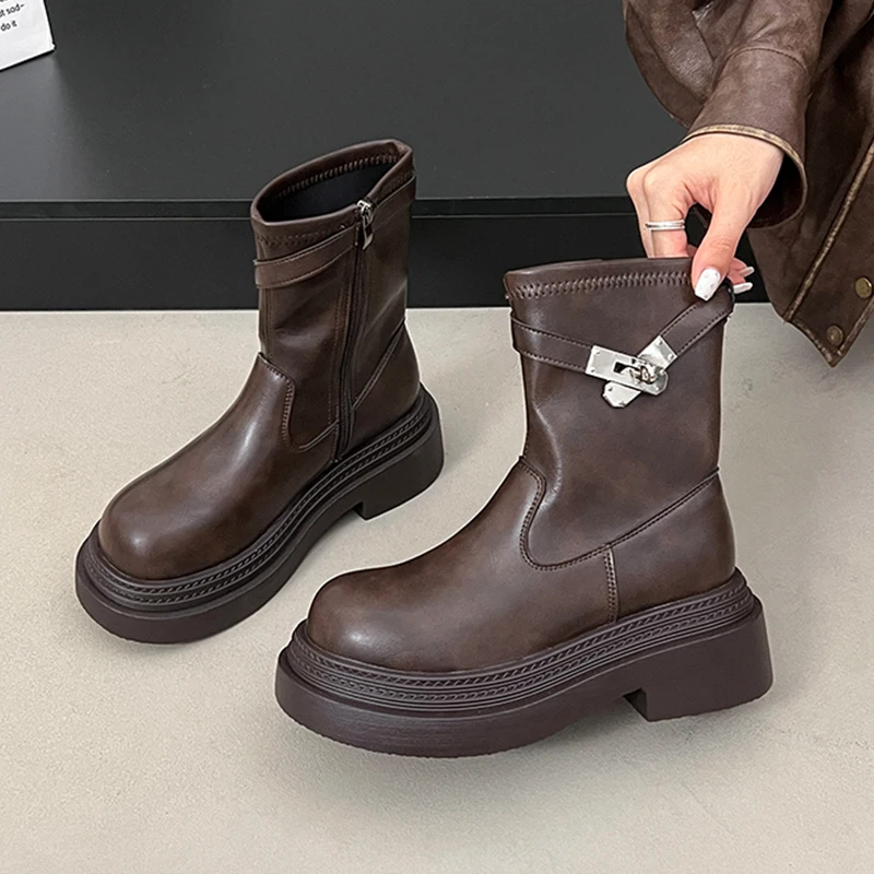 

Кожаные женские ботильоны, зимние короткие ботинки на платформе и каблуке, дизайнерские зимние ботинки с пряжкой, женские кроссовки 2024, модные женские туфли Zapatos