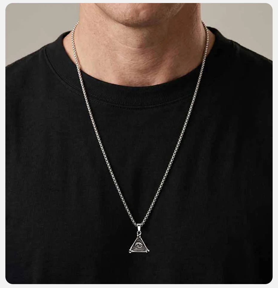 Vnox Geometrische Halskette mit Anhänger „Auge der Vorsehung“ im Dreieck, Vintage-Silberfarbene Punk-Kette, Schmuck für Männer, Glücksamulett-Geschenk – Detail 3