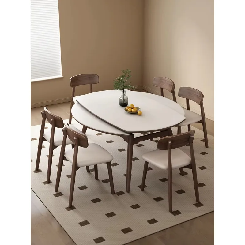 Marble Vein Sintered Stone Extendable Dining Table Solid Wood Fram Modern Round-Oval Expandable Kitchen Table For Small Spaces