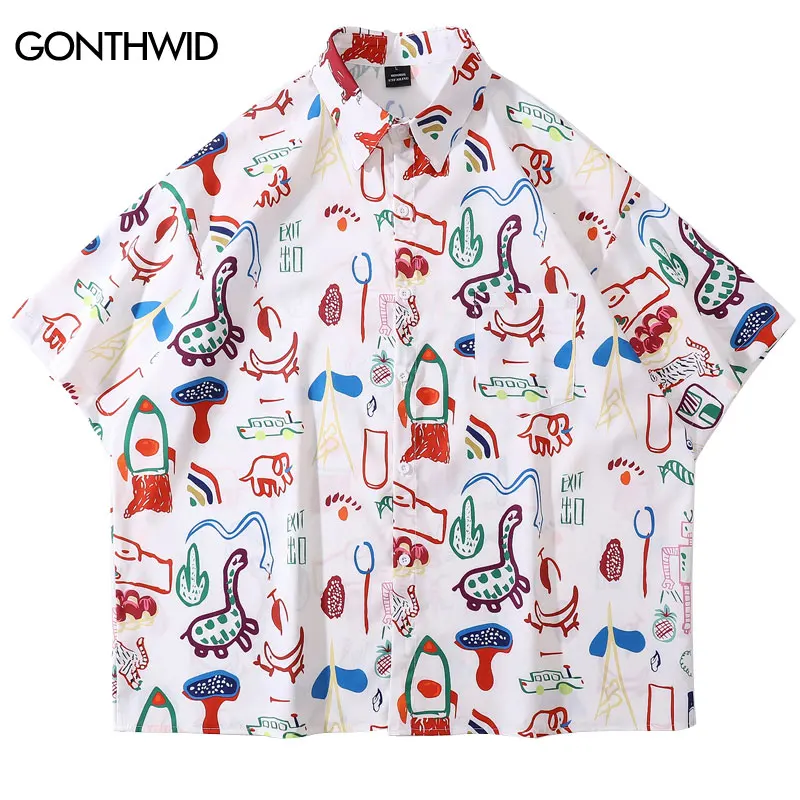 Harajuku Men Shirts Funny Graffiti Cartoon Dinosaur Graphic Print Blouse Hip Hop Loose Short Sleeve Button Up Summer Beach Shirt