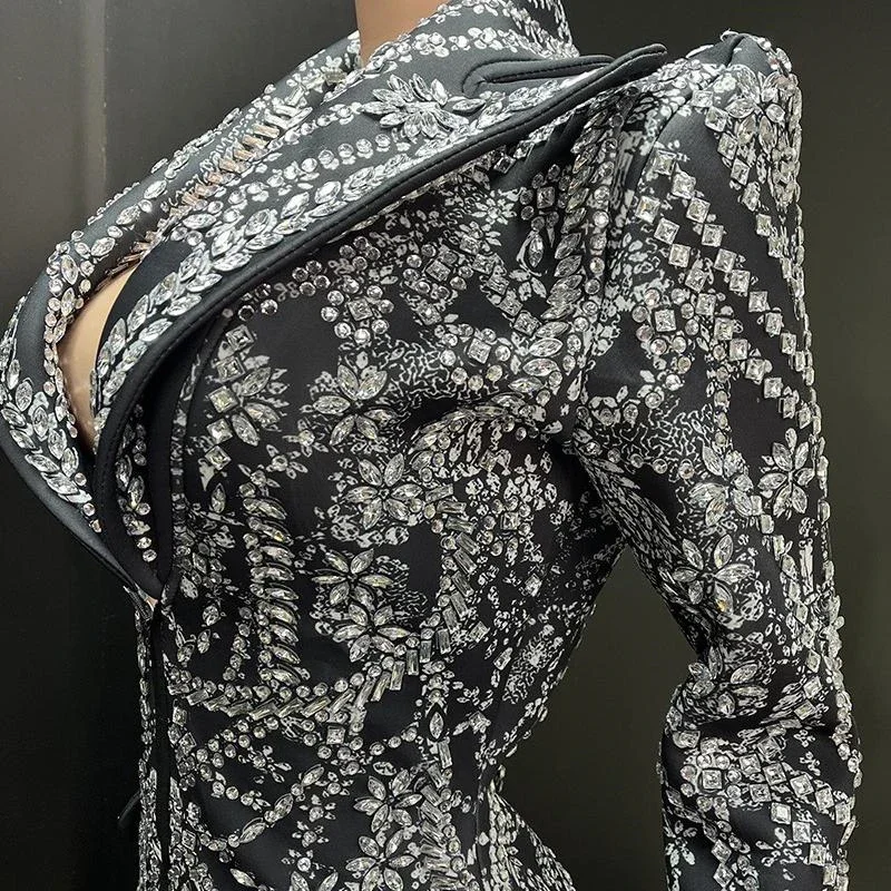 2025 Prom Party Dresss Black Rhinestone Long Dresses Women Stage Costume Nightclub Gogo Dancer Clothing Festival Rave Clothing