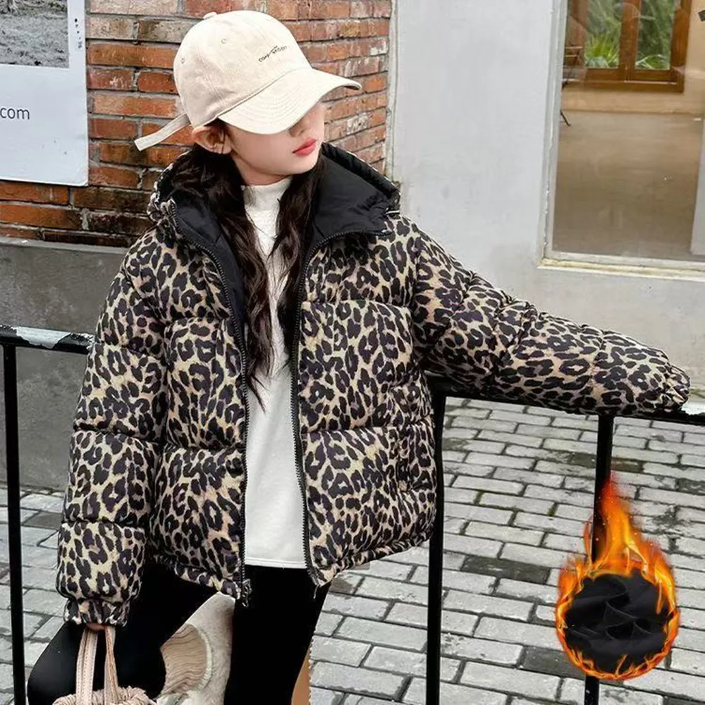 

New Children's Leopard Print Cotton Padded Jacket Winter Hooded Thick Cotton Jacket For Boys and Girls Worn On Both Sides 2-9Y