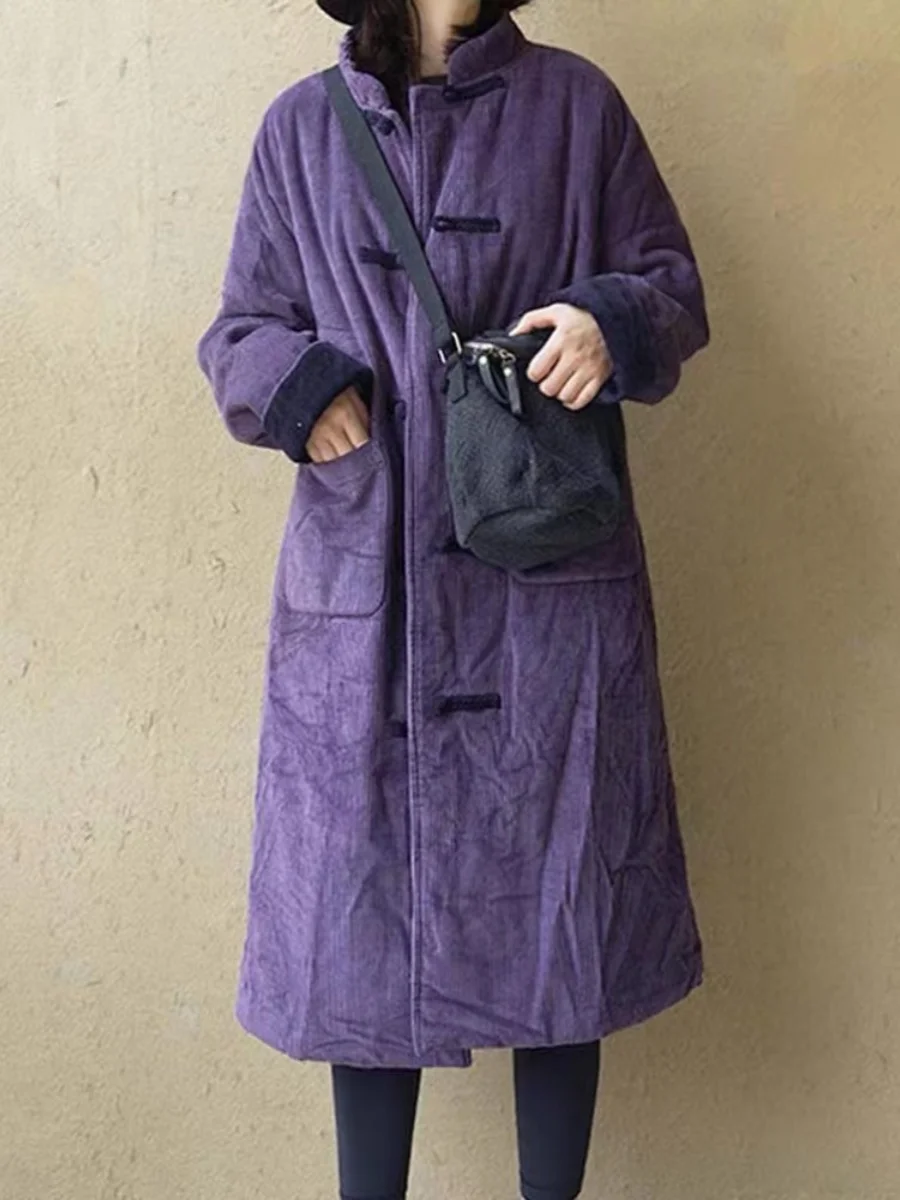 

Women's Thiened Cotton Padded Jaet Winter 2023 New Sle Chinese Retro Button Loose Fit Velvet Coat Long Sve Stand Collar
