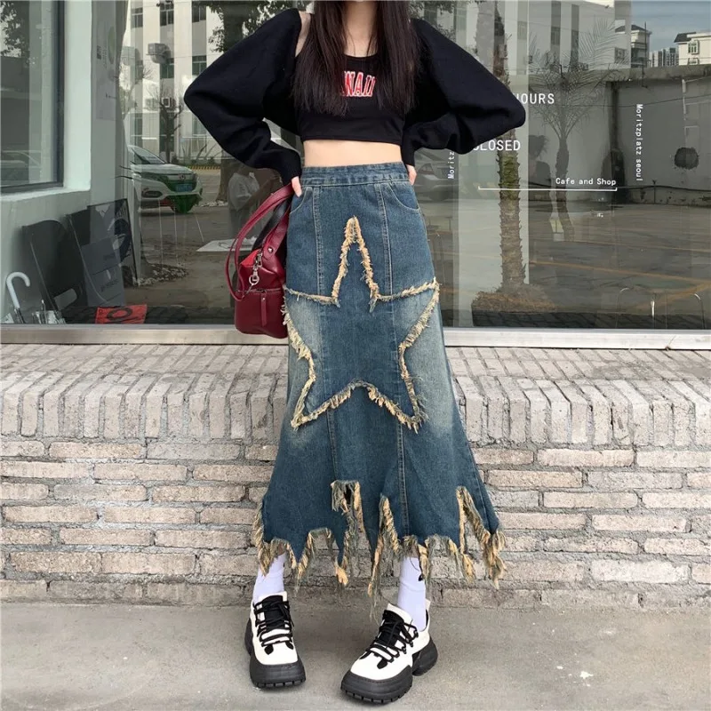 

Large Size Irregular Distressed Denim Skirt Women Summer Cautious Machine High Waist Slim A-line Jean Dresses Mid Length Fashion